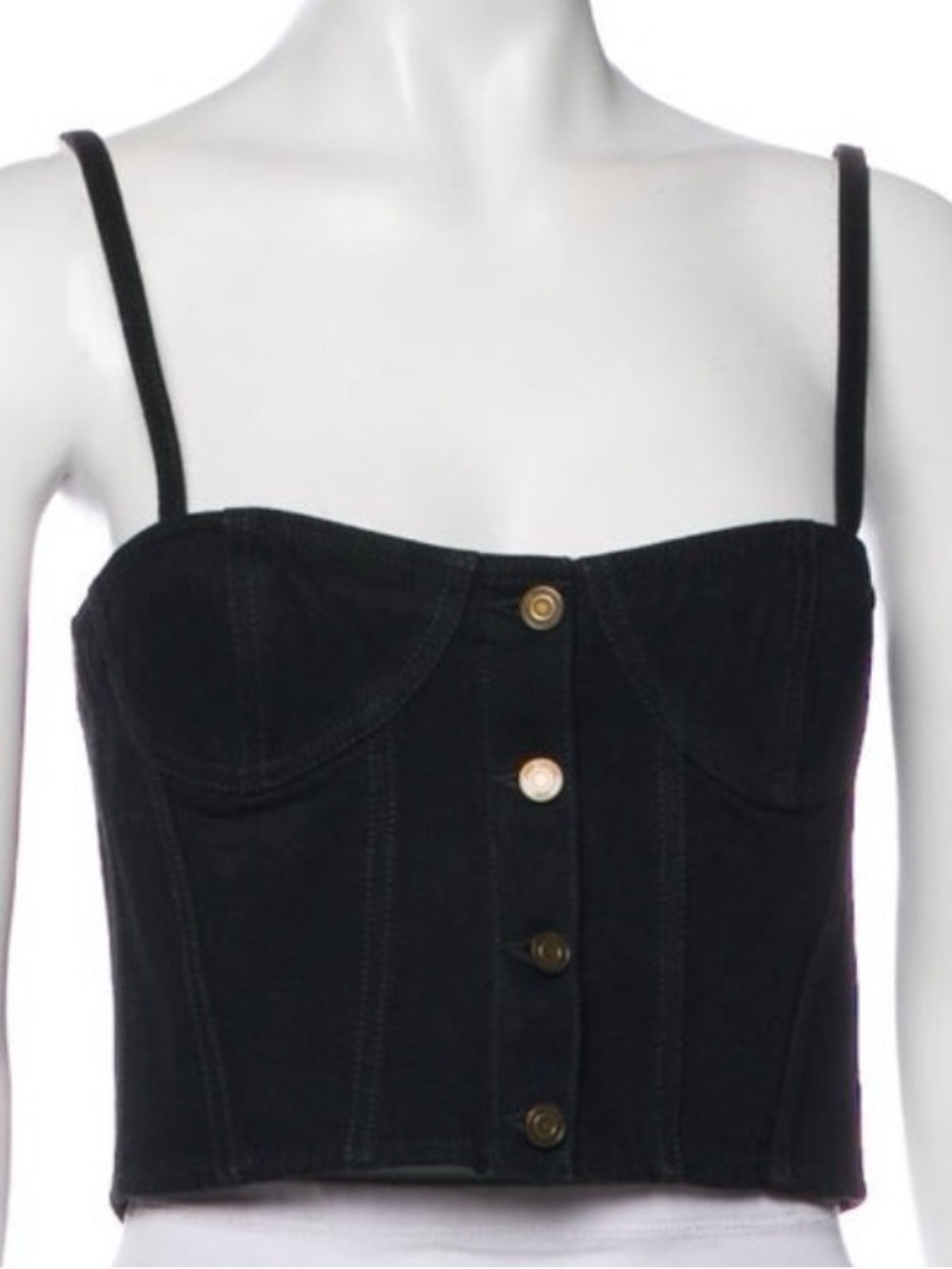 Saint Laurent Black Denim Corset Bustier Crop Top Gold Button Size 6